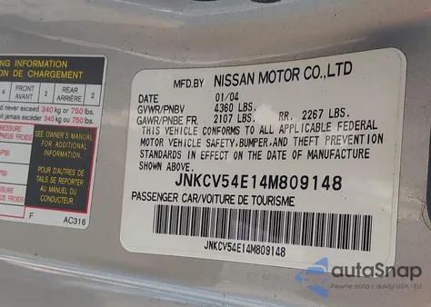 2004 Infiniti G35 from USA, damaged, VIN JNKCV54E14M809148